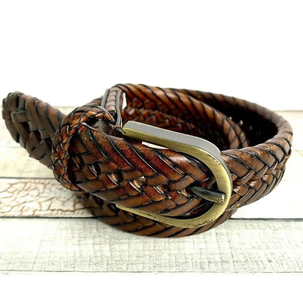 VINTAGE BRAIDED BROWN THICK BUCKLE GENUINE LEATHER CASUAL WOMEN`S BELT Sz L (50M